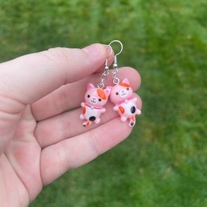 Acrylic Pink Calico Cat Earrings with Silver Accents